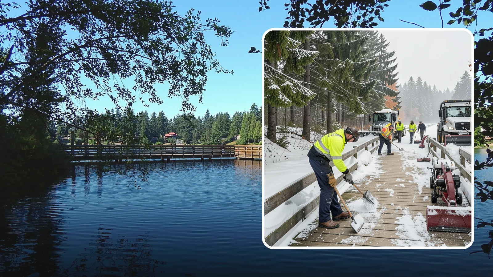 Boardwalk Snow Clearing in Federal Way, King County, WA - Gentle snow clearing of wood and composite boardwalks where blades and harsh deicers would damage the decking.