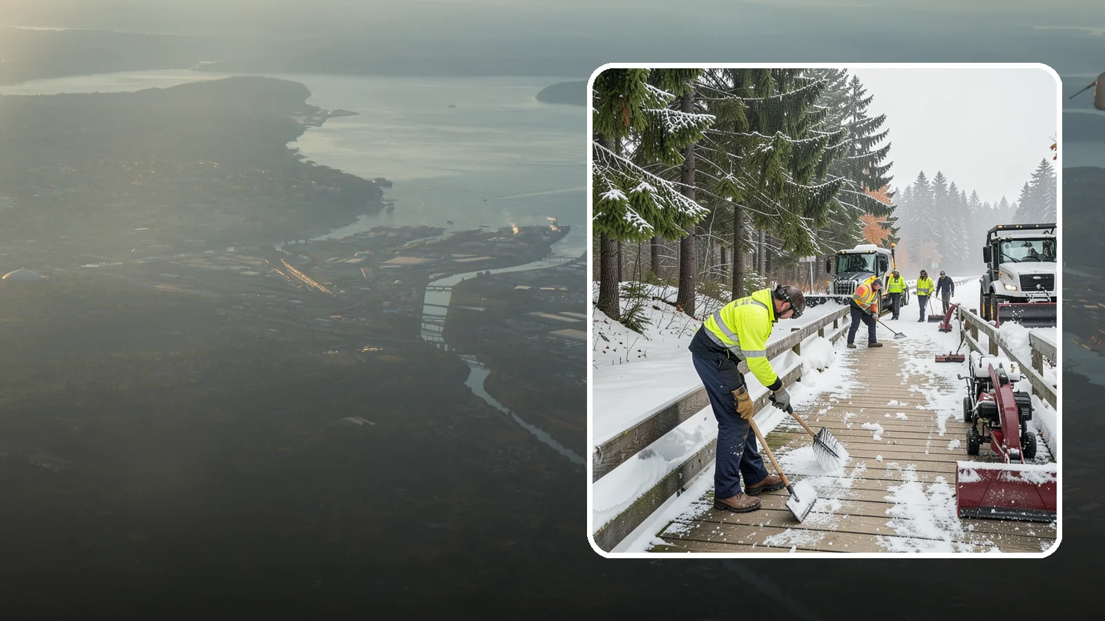 Boardwalk Snow Clearing in Fife, Pierce County, WA - Gentle snow clearing of wood and composite boardwalks where blades and harsh deicers would damage the decking.