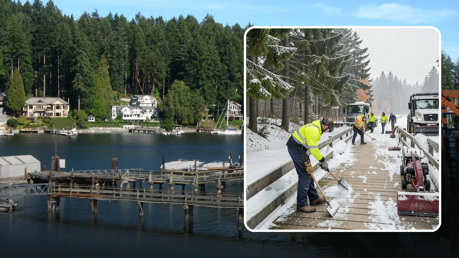 Boardwalk Snow Clearing in Gig Harbor, Pierce County, WA - Gentle snow clearing of wood and composite boardwalks where blades and harsh deicers would damage the decking.