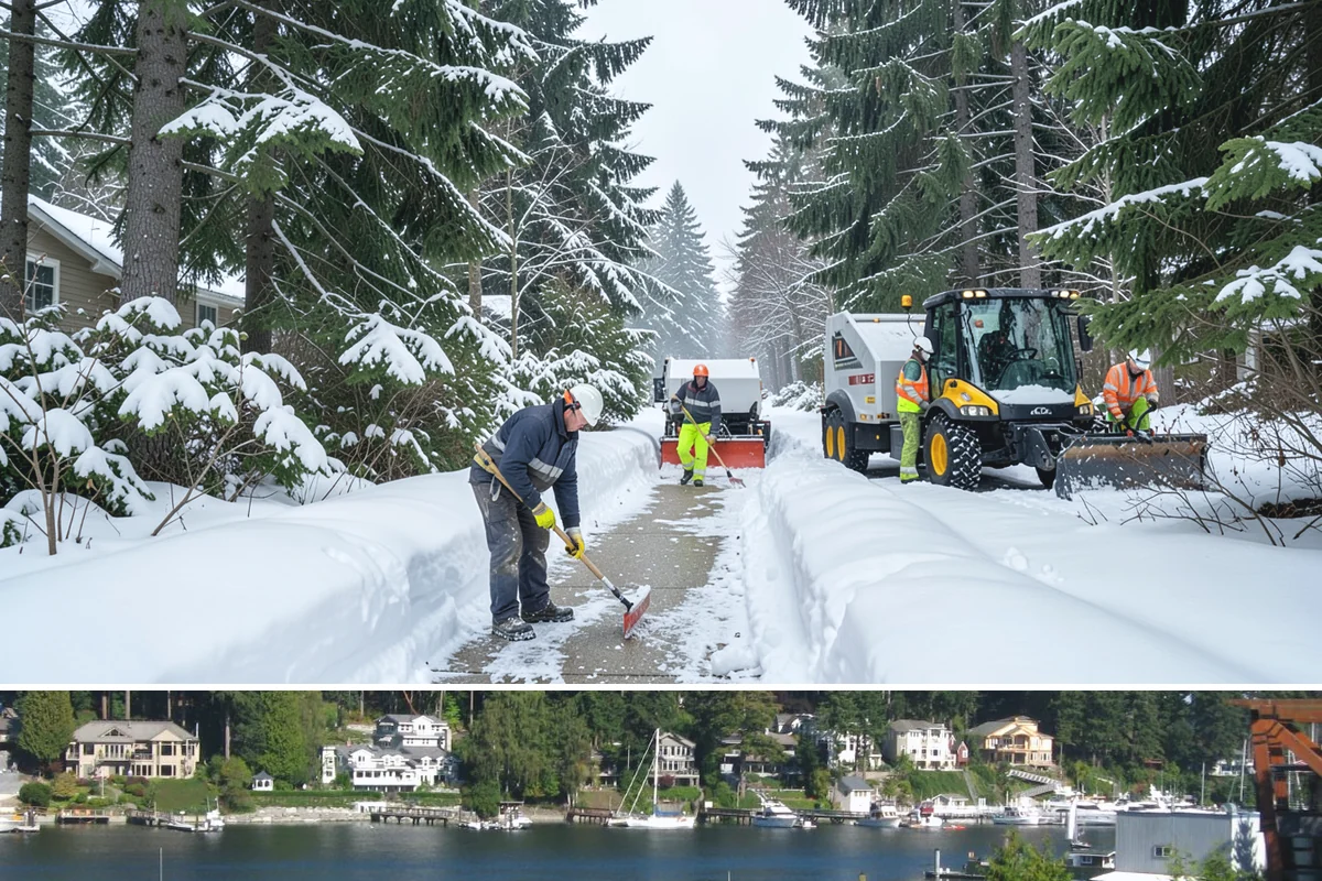 Boardwalk Snow Clearing in Gig Harbor, Pierce County, WA - Clear boardwalks promptly during each freeze, as waterfront humidity keeps them icy through the December-to-February cold spells.
