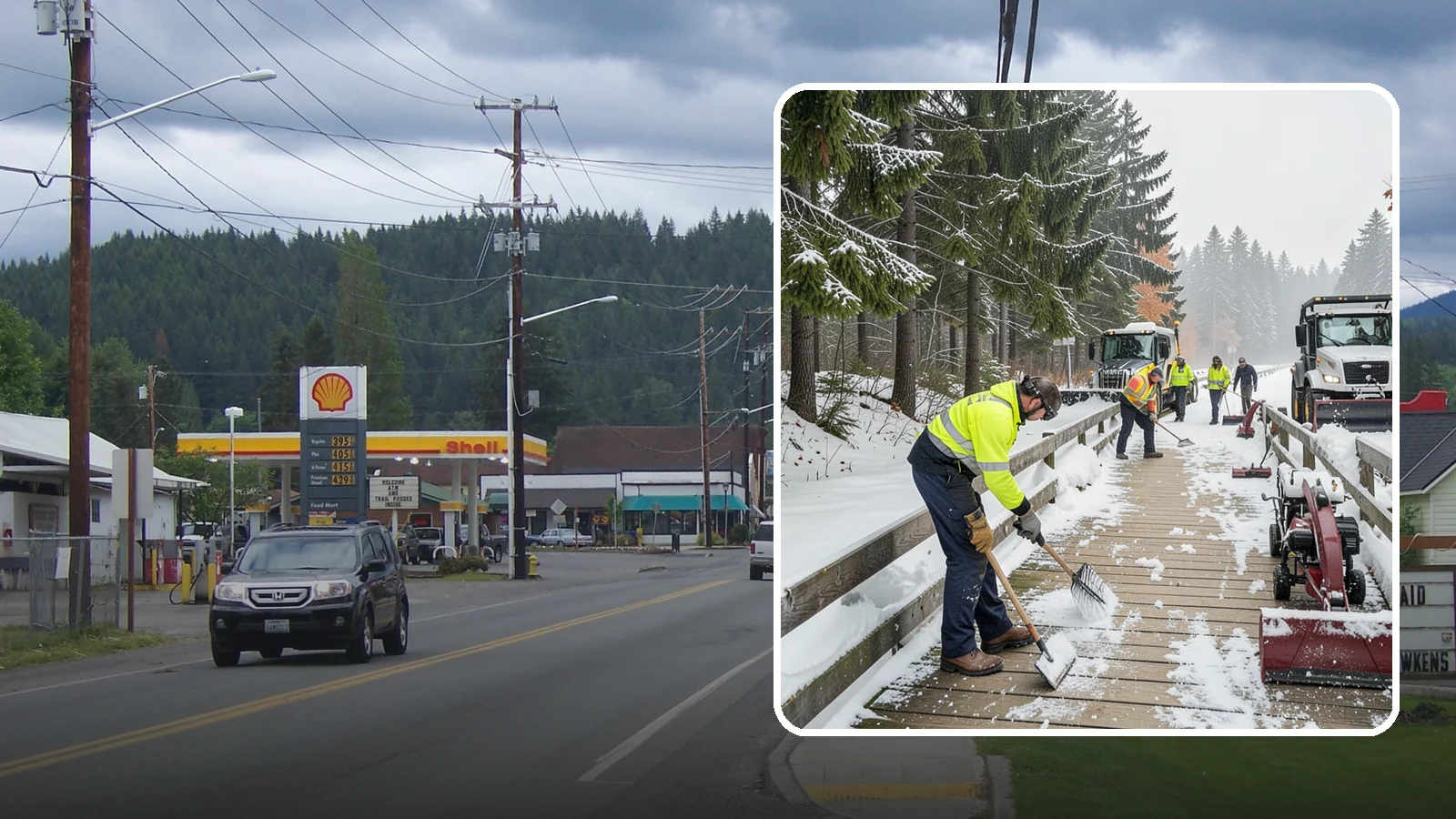 Boardwalk Snow Clearing in Granite Falls, Snohomish County, WA - Gentle snow clearing of wood and composite boardwalks where blades and harsh deicers would damage the decking.