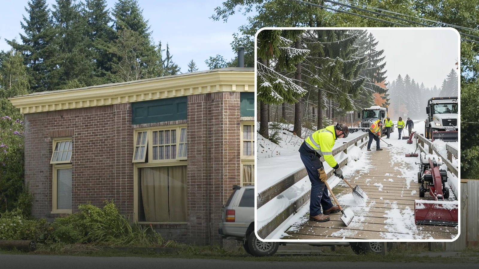 Boardwalk Snow Clearing in Hamilton, Skagit County, WA - Gentle snow clearing of wood and composite boardwalks where blades and harsh deicers would damage the decking.