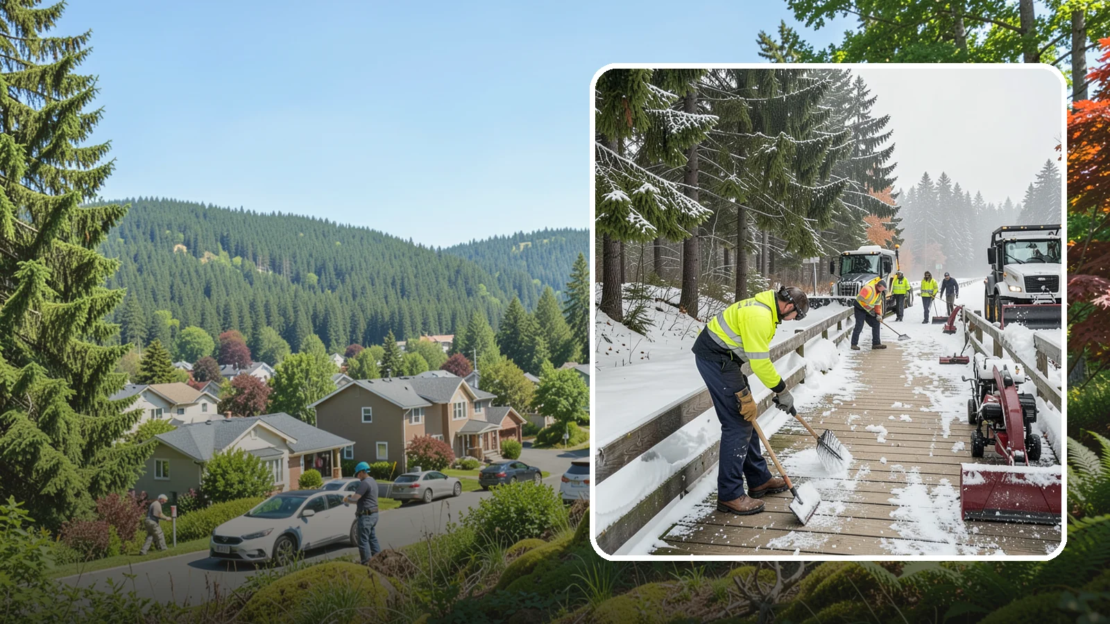 Boardwalk Snow Clearing in Index, Snohomish County, WA - Gentle snow clearing of wood and composite boardwalks where blades and harsh deicers would damage the decking.