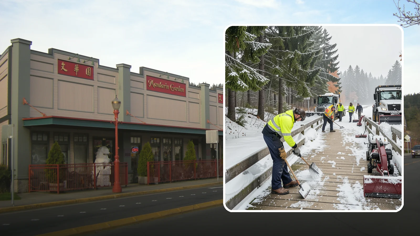 Boardwalk Snow Clearing in Issaquah, King County, WA - Gentle snow clearing of wood and composite boardwalks where blades and harsh deicers would damage the decking.