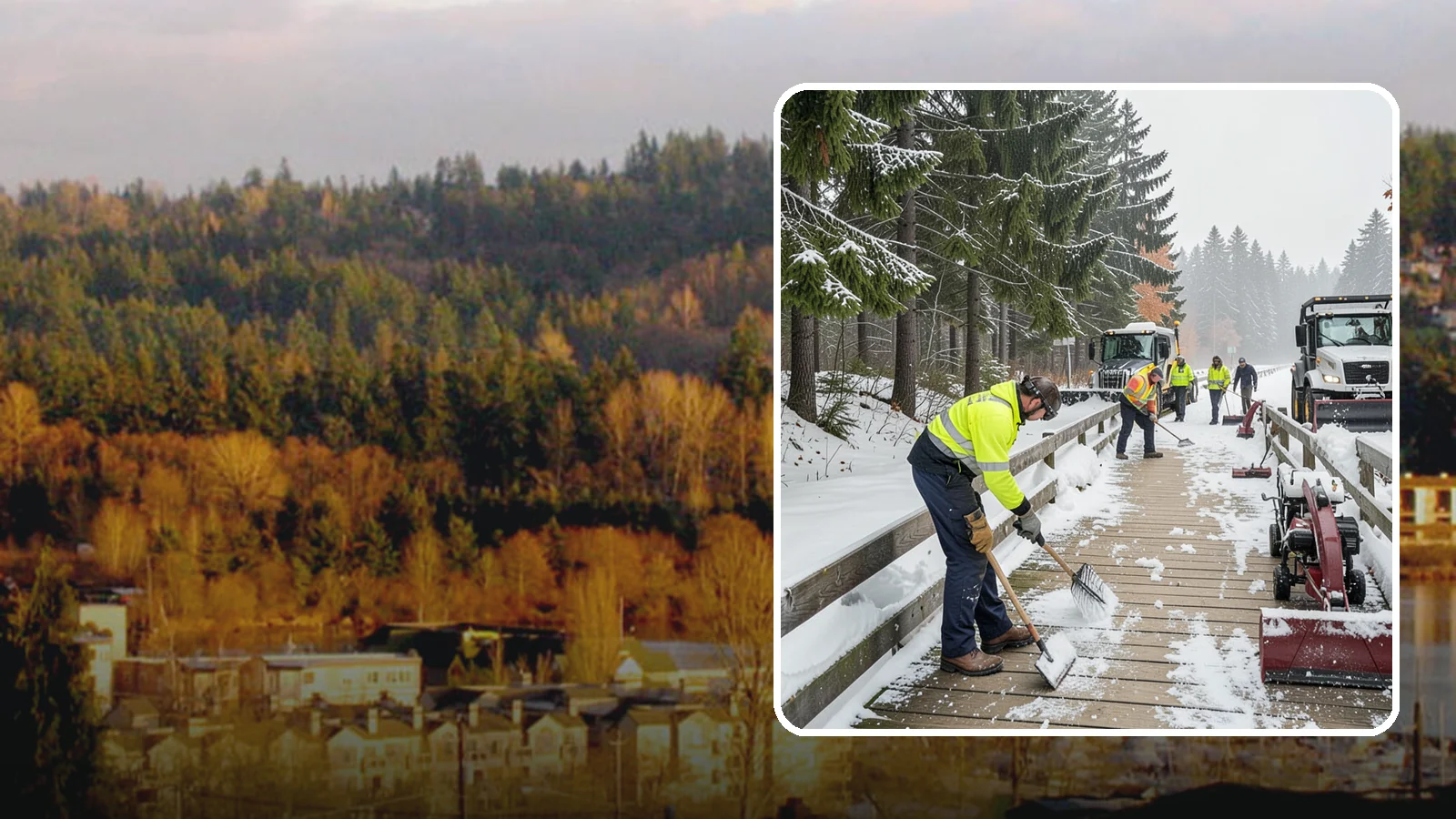 Boardwalk Snow Clearing in Kenmore, King County, WA - Gentle snow clearing of wood and composite boardwalks where blades and harsh deicers would damage the decking.