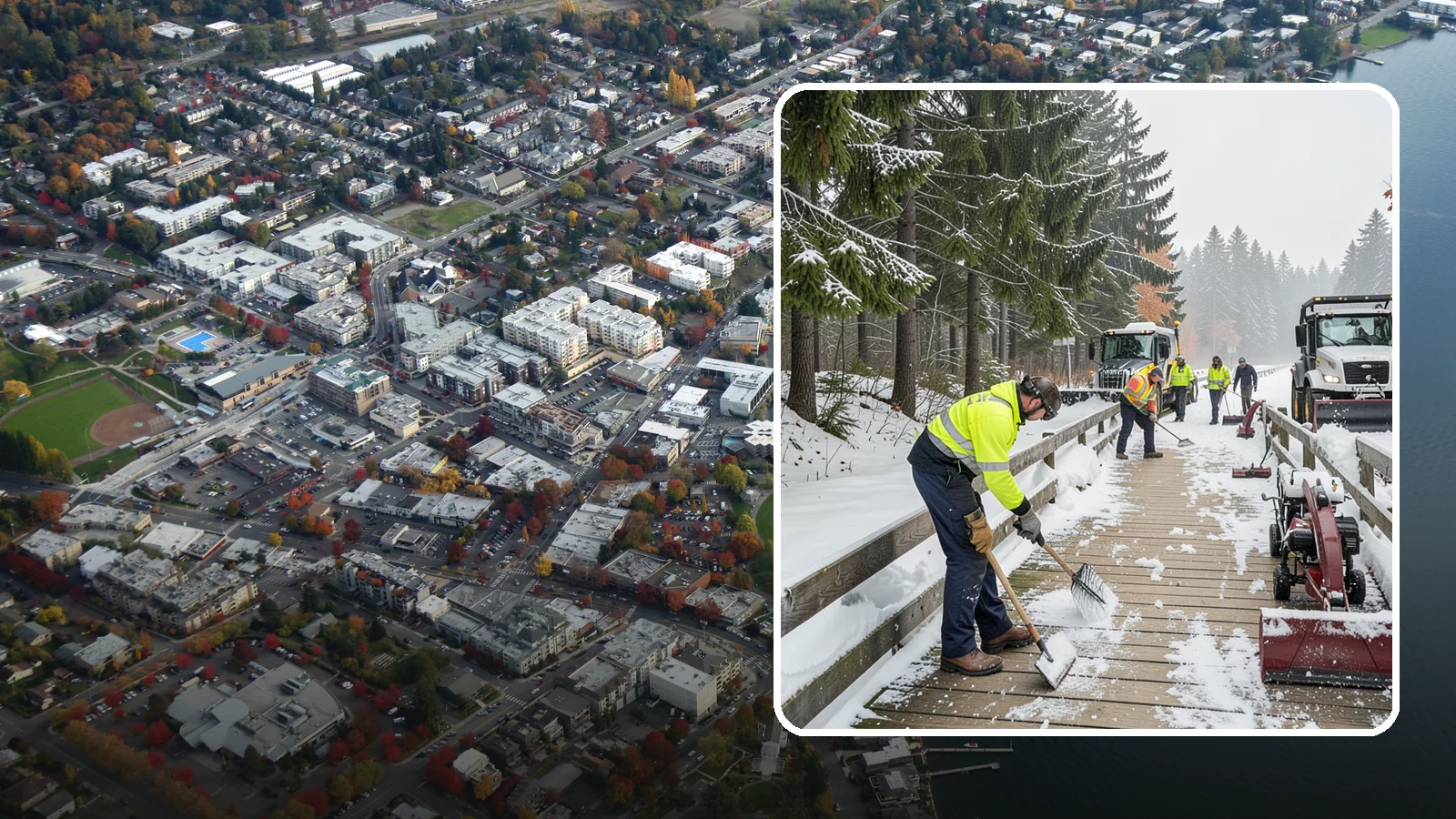 Boardwalk Snow Clearing in Kirkland, King County, WA - Gentle snow clearing of wood and composite boardwalks where blades and harsh deicers would damage the decking.