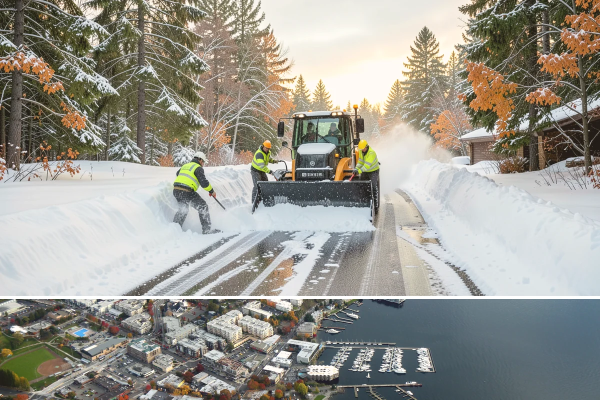 Boardwalk Snow Clearing in Kirkland, King County, WA - Clear boardwalks promptly during each freeze, as waterfront humidity keeps them icy through the December-to-February cold spells.