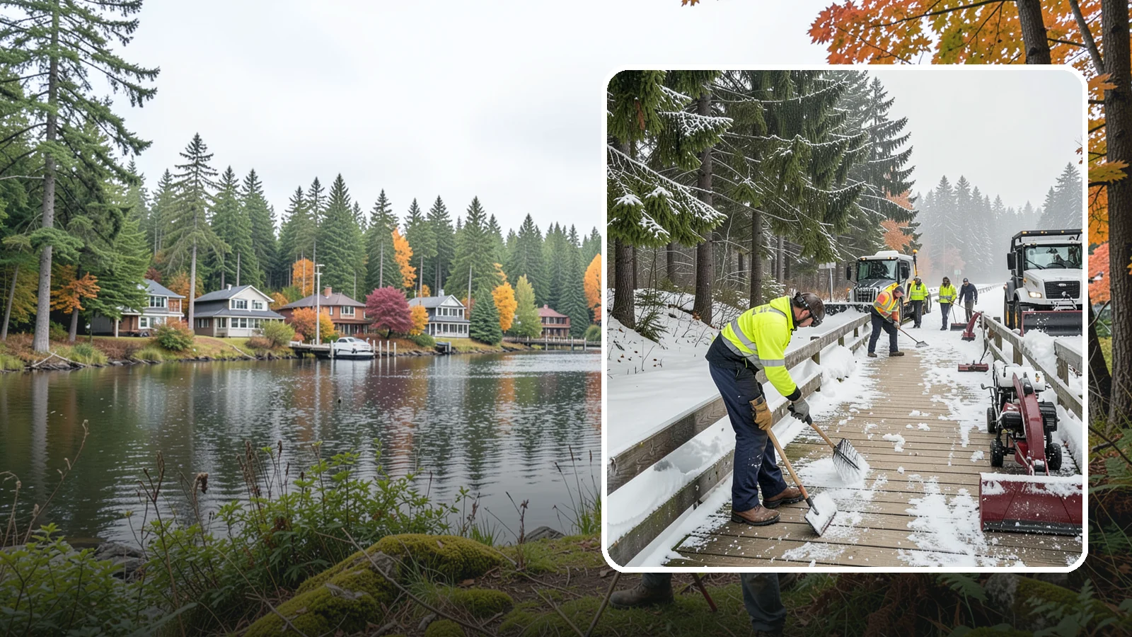 Boardwalk Snow Clearing in La Conner, Skagit County, WA - Gentle snow clearing of wood and composite boardwalks where blades and harsh deicers would damage the decking.
