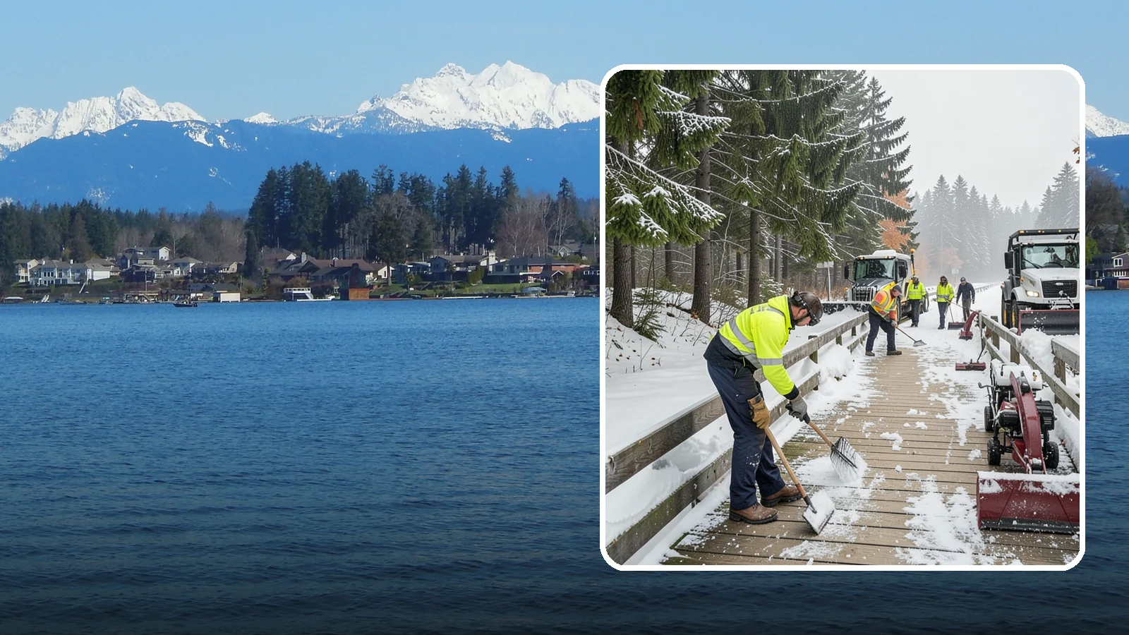 Boardwalk Snow Clearing in Lake Stevens, Snohomish County, WA - Gentle snow clearing of wood and composite boardwalks where blades and harsh deicers would damage the decking.