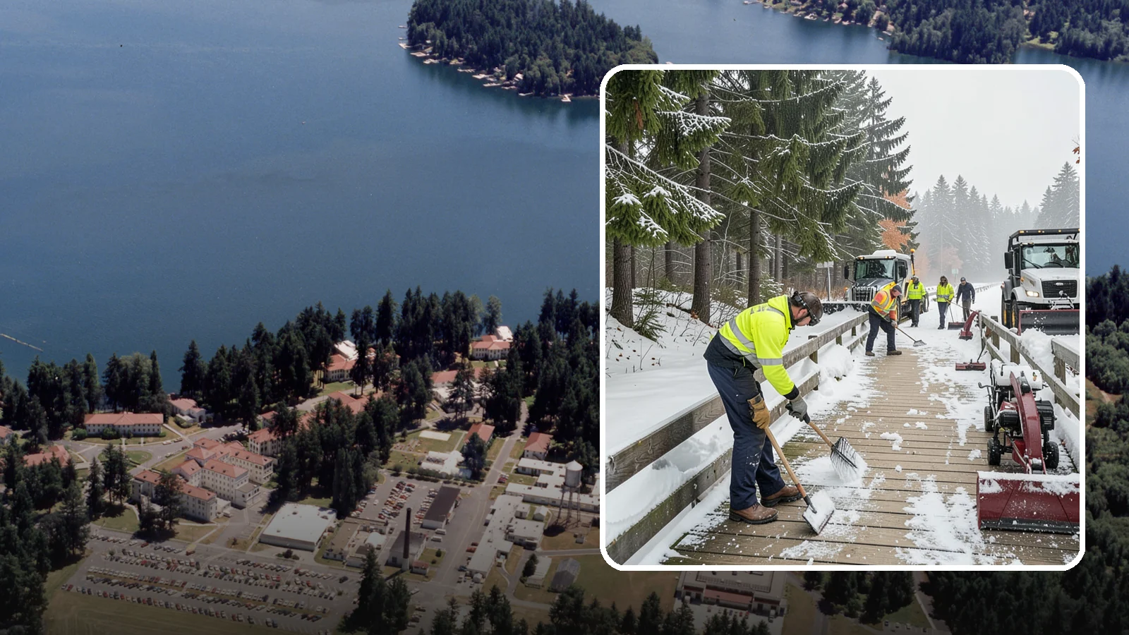 Boardwalk Snow Clearing in Lakewood, Pierce County, WA - Gentle snow clearing of wood and composite boardwalks where blades and harsh deicers would damage the decking.