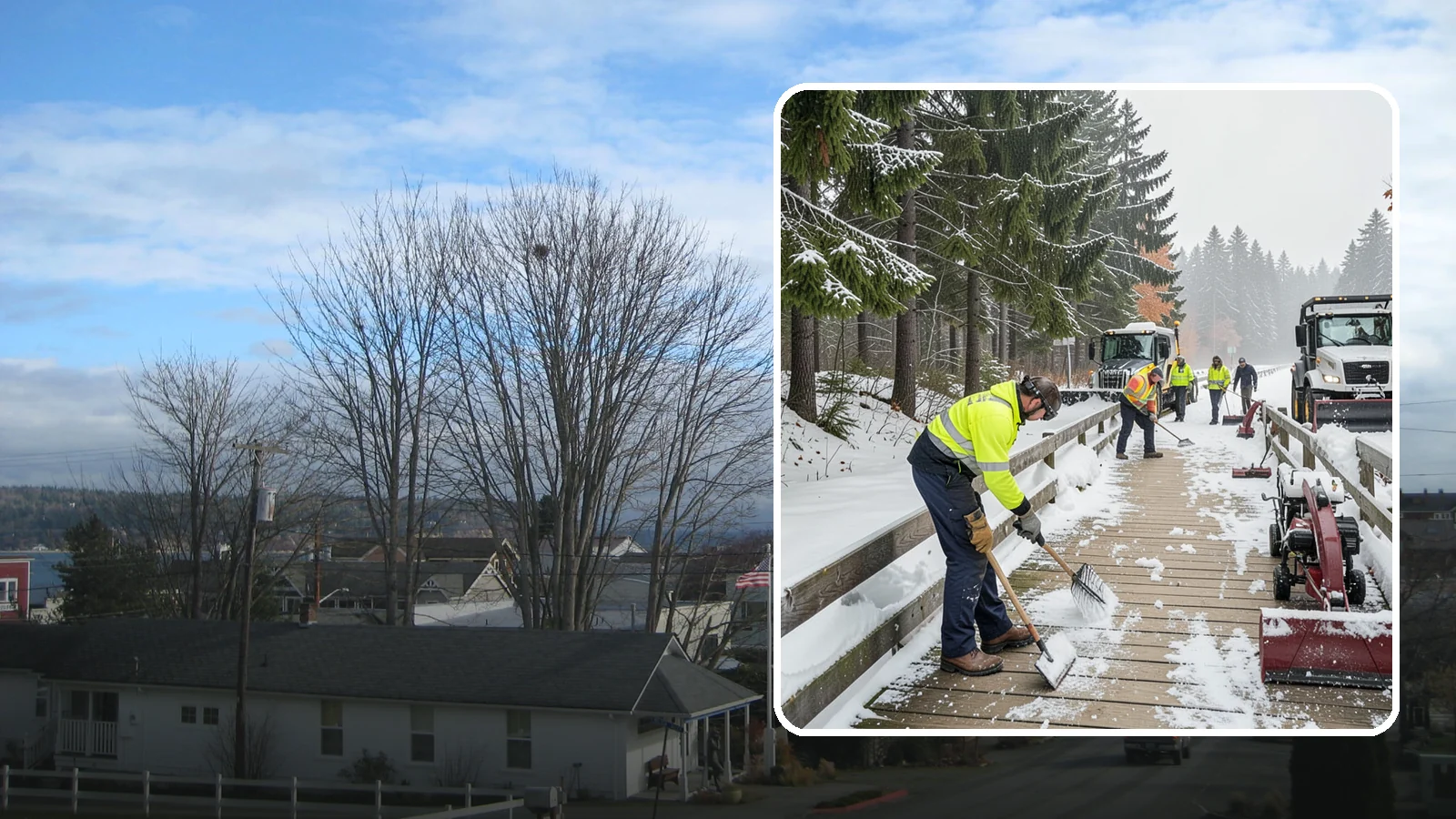 Boardwalk Snow Clearing in Langley, Island County, WA - Gentle snow clearing of wood and composite boardwalks where blades and harsh deicers would damage the decking.