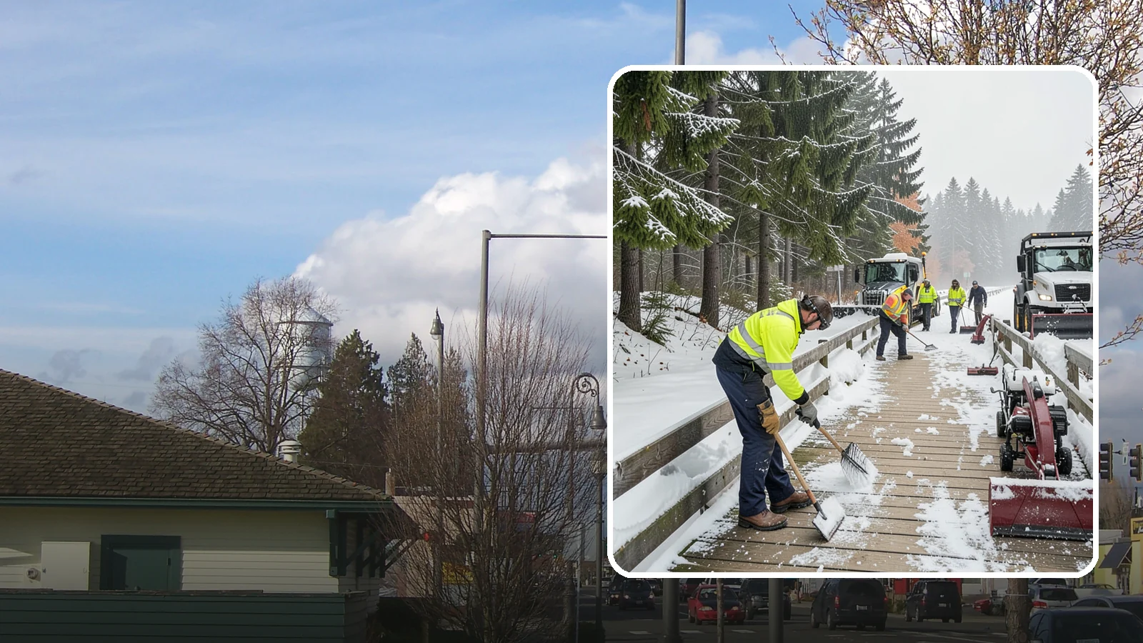 Boardwalk Snow Clearing in Marysville, Snohomish County, WA - Gentle snow clearing of wood and composite boardwalks where blades and harsh deicers would damage the decking.
