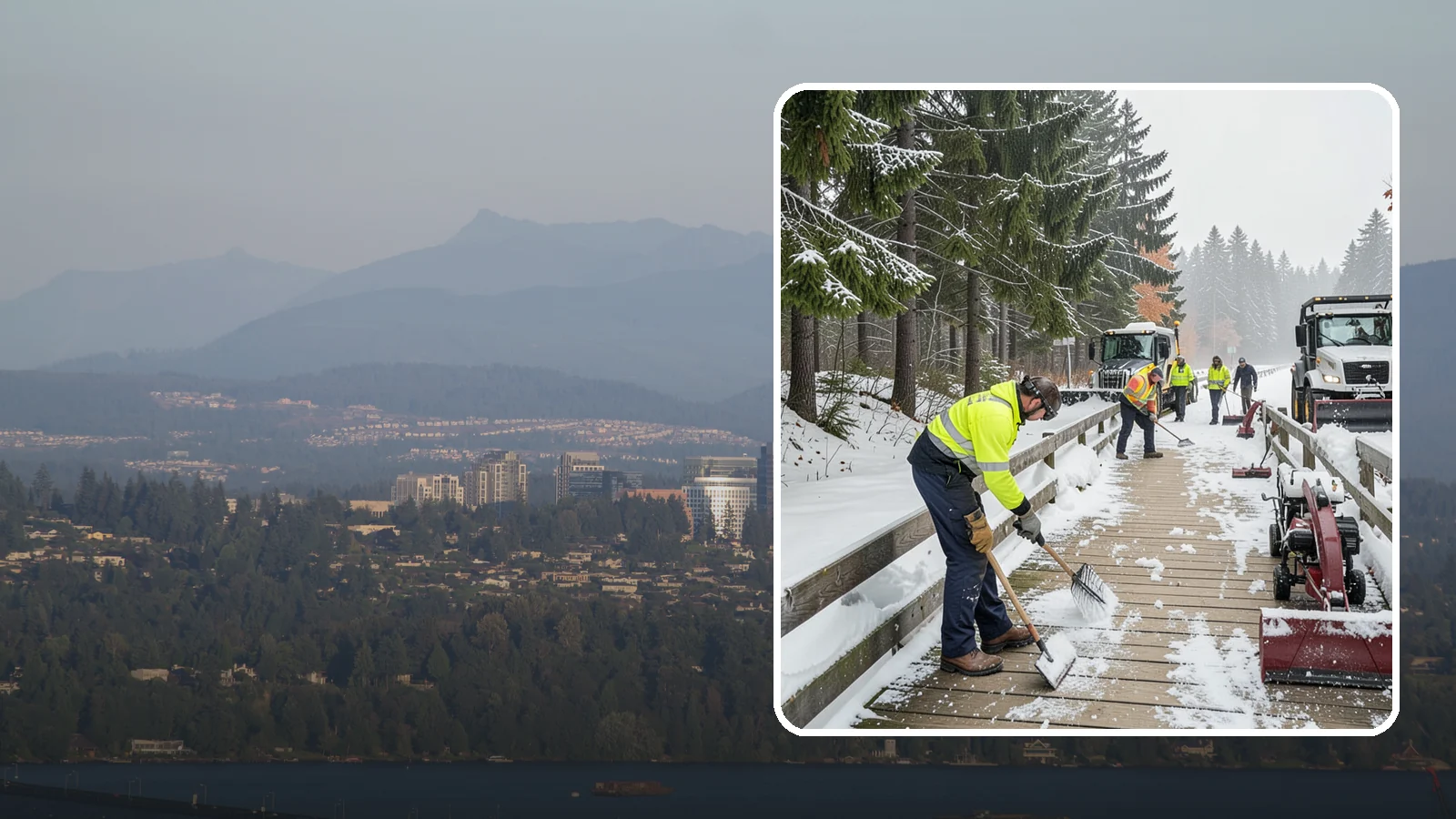 Boardwalk Snow Clearing in Medina, King County, WA - Gentle snow clearing of wood and composite boardwalks where blades and harsh deicers would damage the decking.