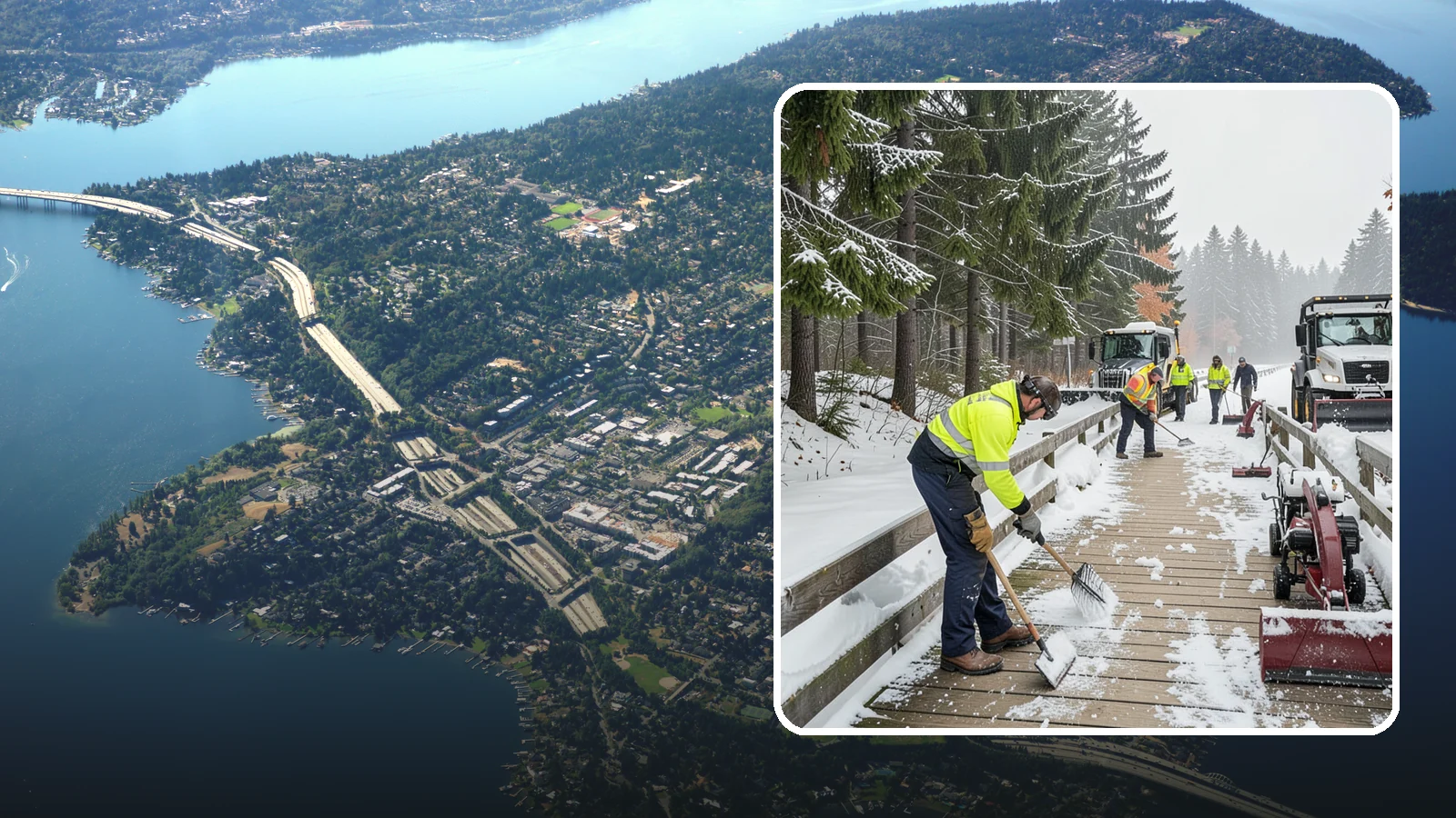 Boardwalk Snow Clearing in Mercer Island, King County, WA - Gentle snow clearing of wood and composite boardwalks where blades and harsh deicers would damage the decking.