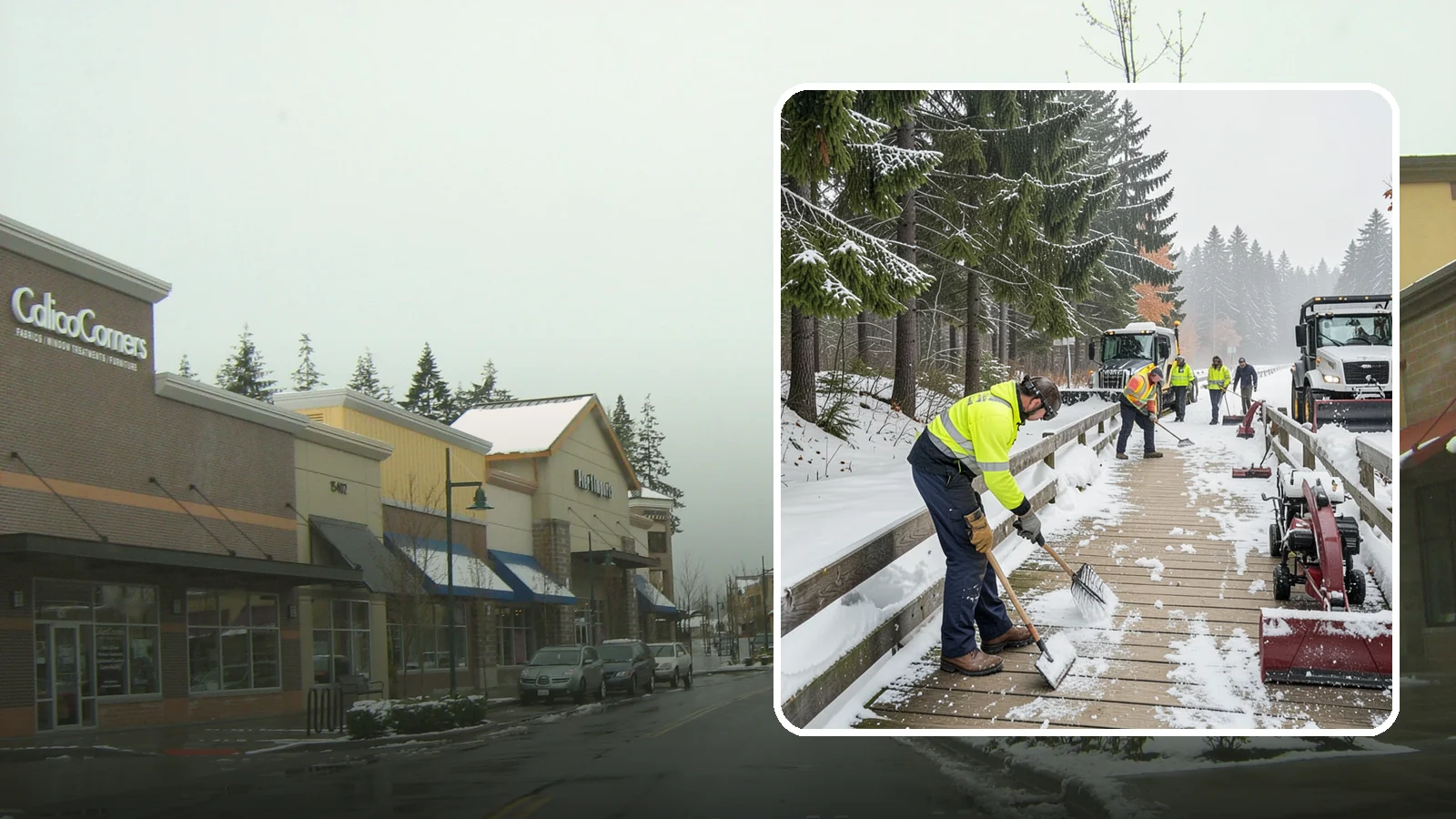Boardwalk Snow Clearing in Mill Creek, Snohomish County, WA - Gentle snow clearing of wood and composite boardwalks where blades and harsh deicers would damage the decking.