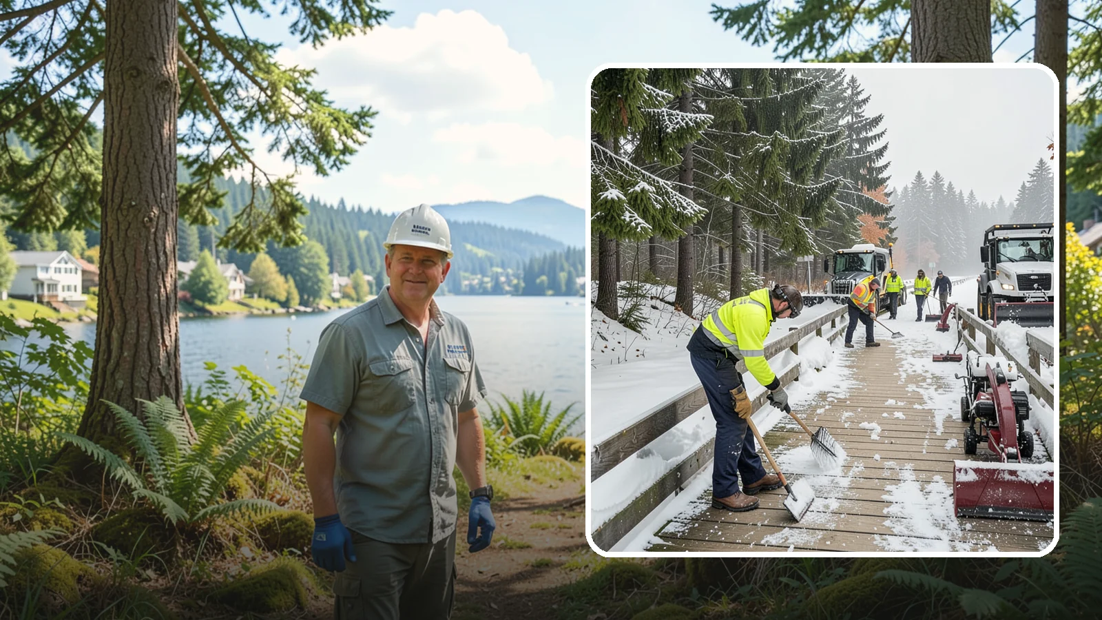 Boardwalk Snow Clearing in Milton, King County, WA - Gentle snow clearing of wood and composite boardwalks where blades and harsh deicers would damage the decking.