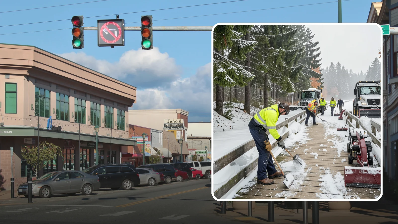 Boardwalk Snow Clearing in Monroe, Snohomish County, WA - Gentle snow clearing of wood and composite boardwalks where blades and harsh deicers would damage the decking.