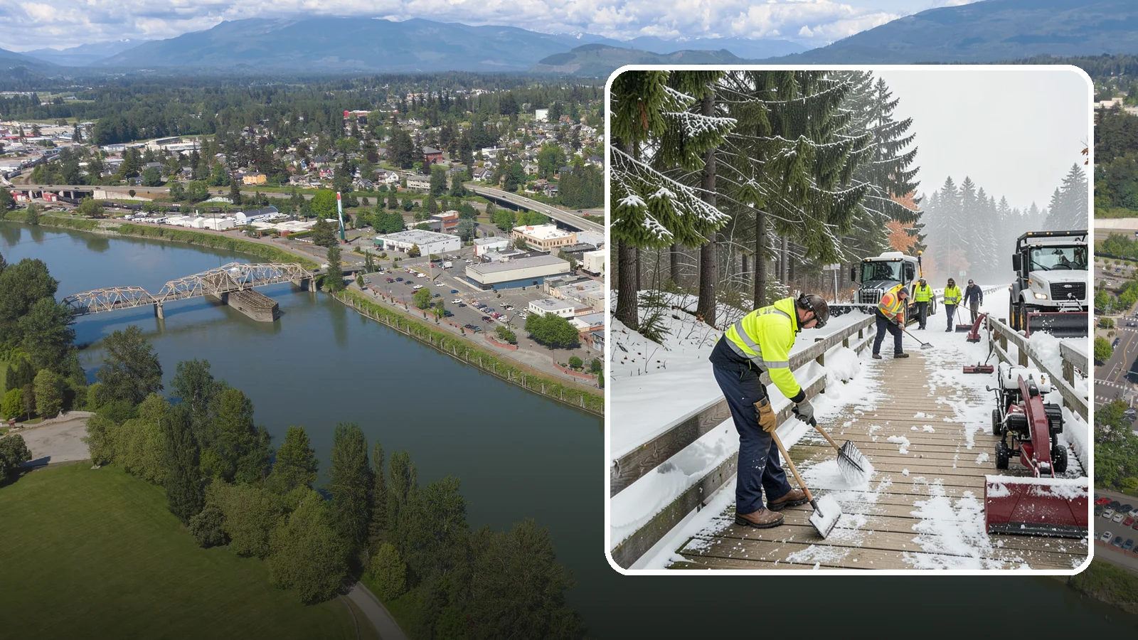 Boardwalk Snow Clearing in Mount Vernon, Skagit County, WA - Gentle snow clearing of wood and composite boardwalks where blades and harsh deicers would damage the decking.