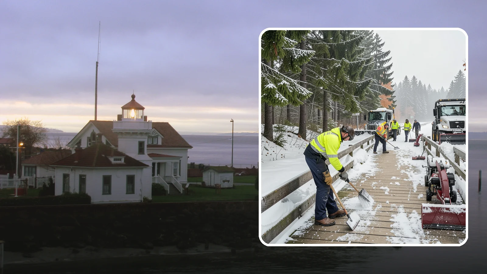 Boardwalk Snow Clearing in Mukilteo, Snohomish County, WA - Gentle snow clearing of wood and composite boardwalks where blades and harsh deicers would damage the decking.