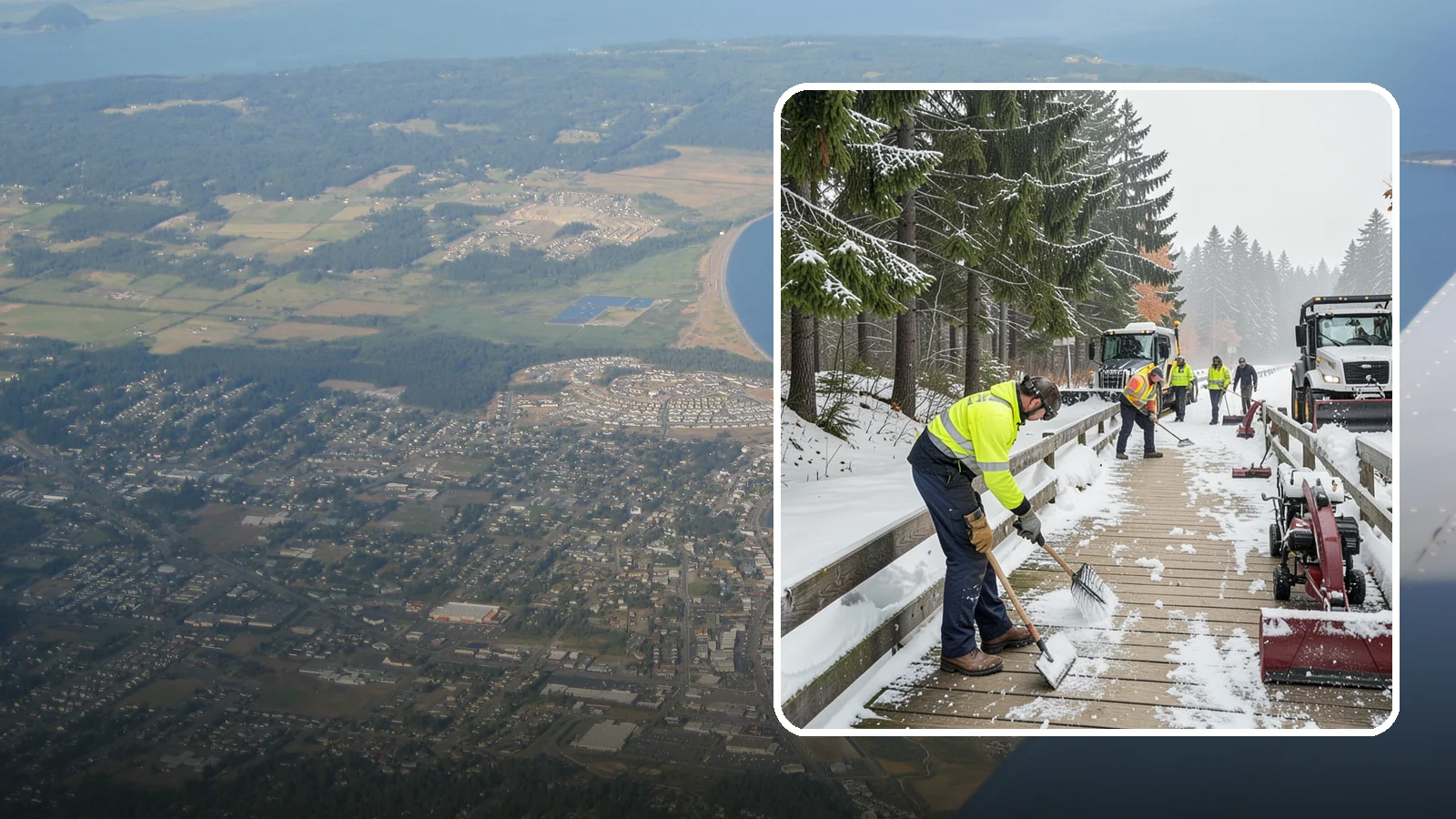 Boardwalk Snow Clearing in Oak Harbor, Island County, WA - Gentle snow clearing of wood and composite boardwalks where blades and harsh deicers would damage the decking.