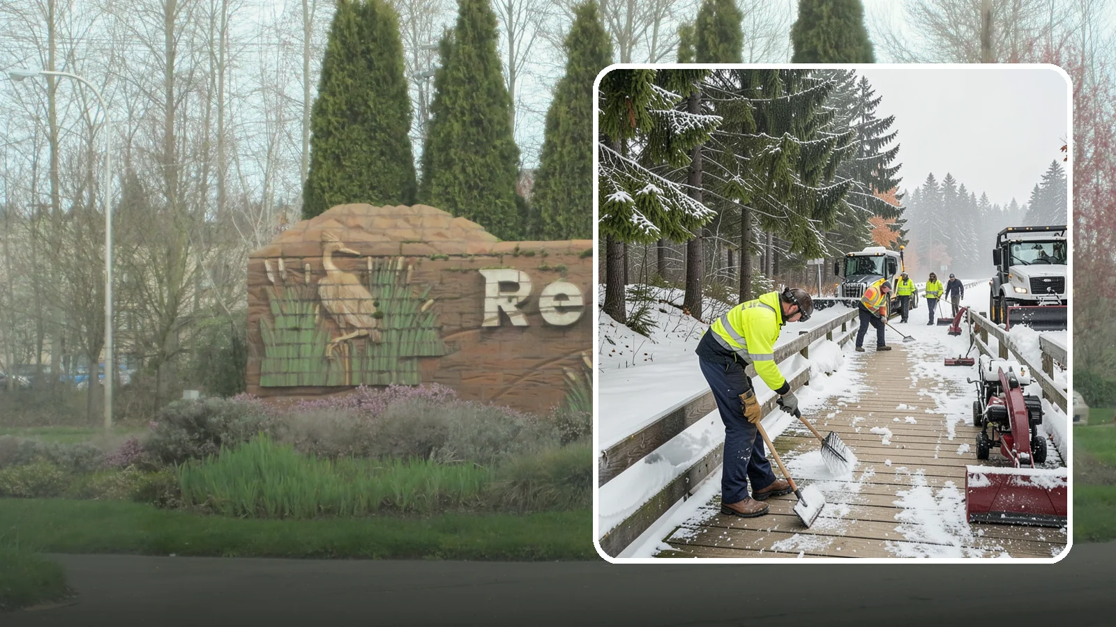 Boardwalk Snow Clearing in Renton, King County, WA - Gentle snow clearing of wood and composite boardwalks where blades and harsh deicers would damage the decking.