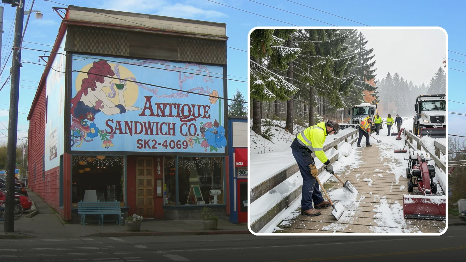 Boardwalk Snow Clearing in Ruston, Pierce County, WA - Gentle snow clearing of wood and composite boardwalks where blades and harsh deicers would damage the decking.