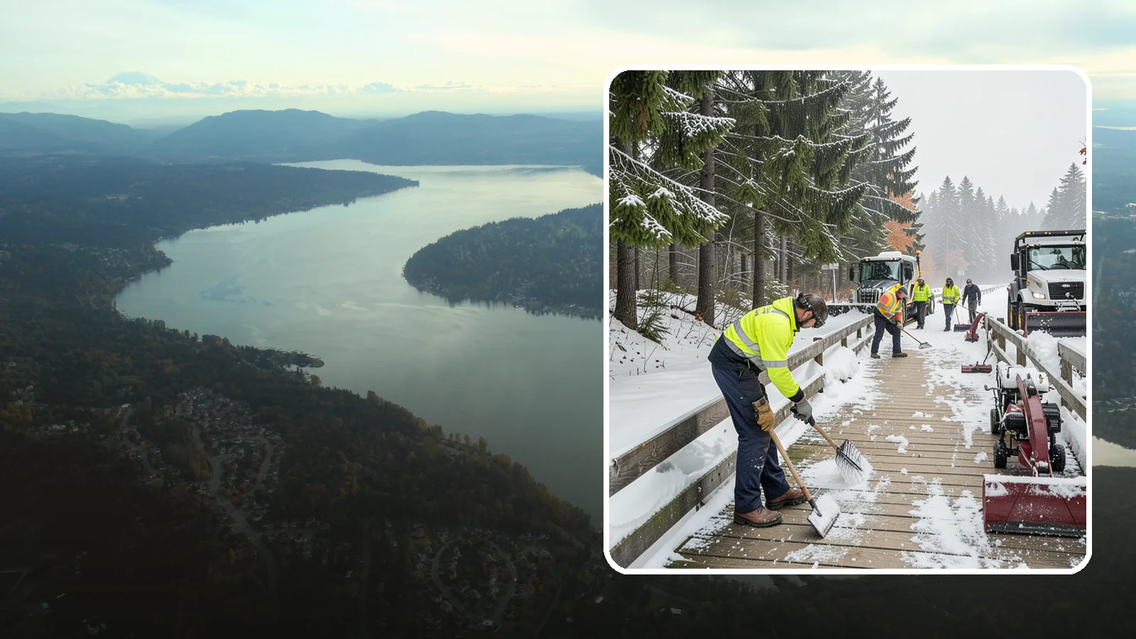 Boardwalk Snow Clearing in Sammamish, King County, WA - Gentle snow clearing of wood and composite boardwalks where blades and harsh deicers would damage the decking.