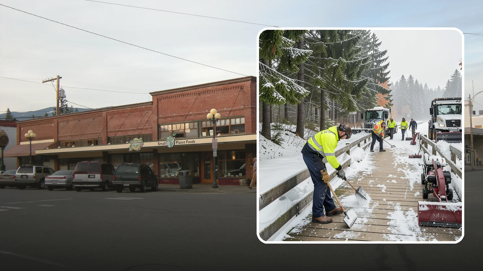 Boardwalk Snow Clearing in Sedro-Woolley, Skagit County, WA - Gentle snow clearing of wood and composite boardwalks where blades and harsh deicers would damage the decking.
