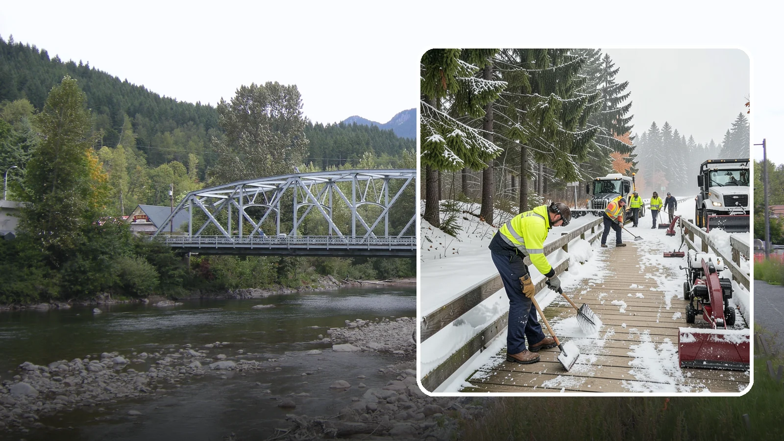 Boardwalk Snow Clearing in Skykomish, King County, WA - Gentle snow clearing of wood and composite boardwalks where blades and harsh deicers would damage the decking.