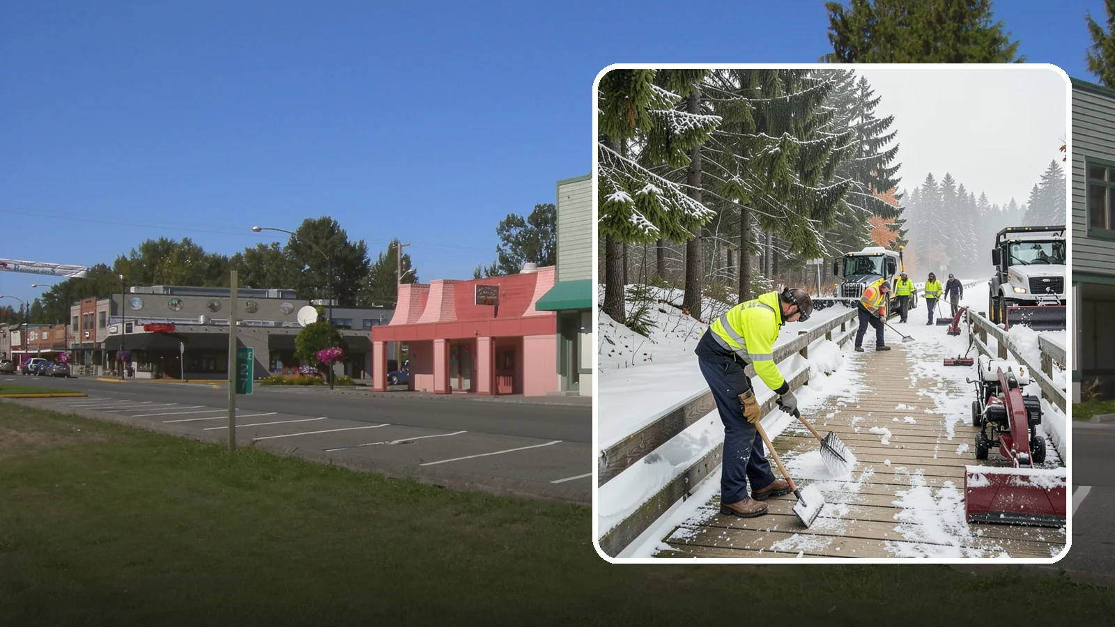 Boardwalk Snow Clearing in Snoqualmie, King County, WA - Gentle snow clearing of wood and composite boardwalks where blades and harsh deicers would damage the decking.