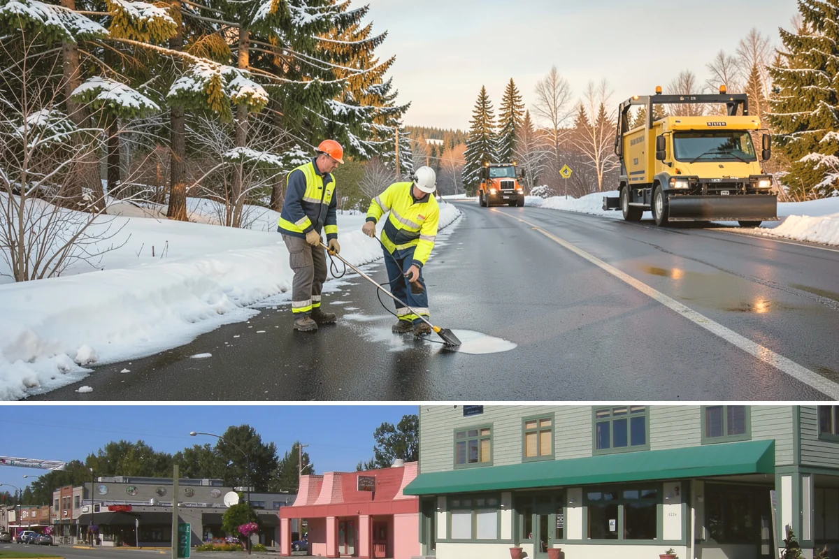 Boardwalk Snow Clearing in Snoqualmie, King County, WA - Clear boardwalks promptly during each freeze, as waterfront humidity keeps them icy through the December-to-February cold spells.