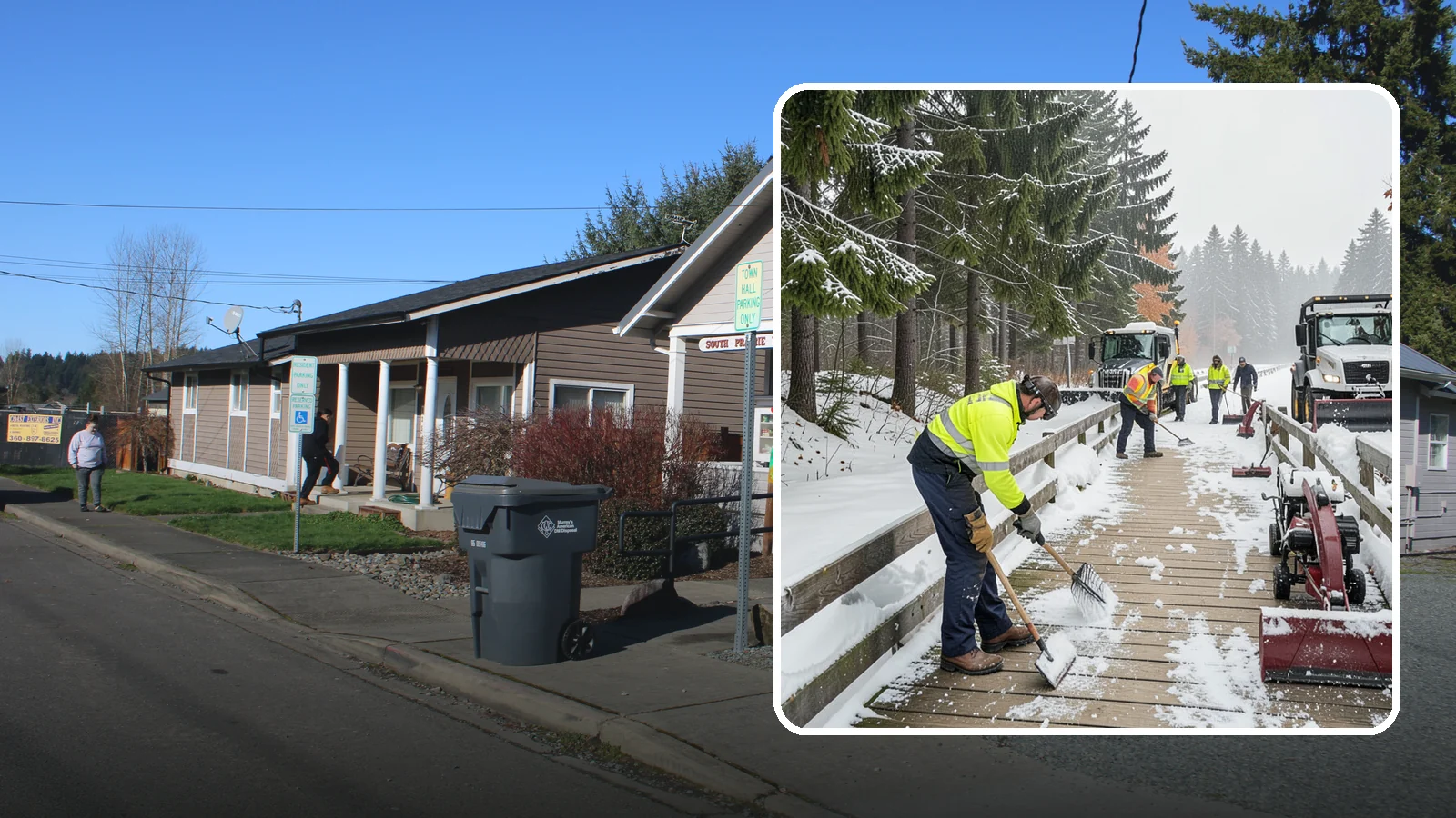 Boardwalk Snow Clearing in South Prairie, Pierce County, WA - Gentle snow clearing of wood and composite boardwalks where blades and harsh deicers would damage the decking.