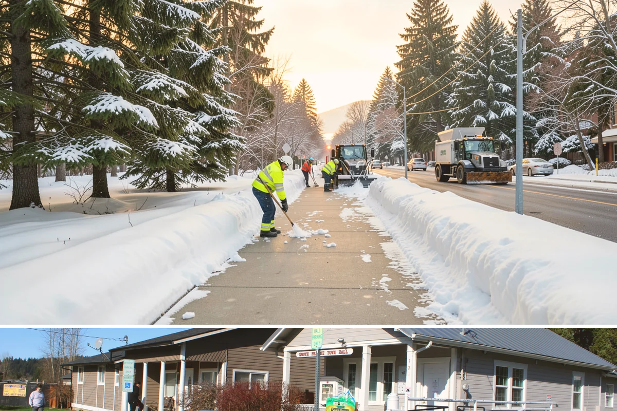 Boardwalk Snow Clearing in South Prairie, Pierce County, WA - Clear boardwalks promptly during each freeze, as waterfront humidity keeps them icy through the December-to-February cold spells.