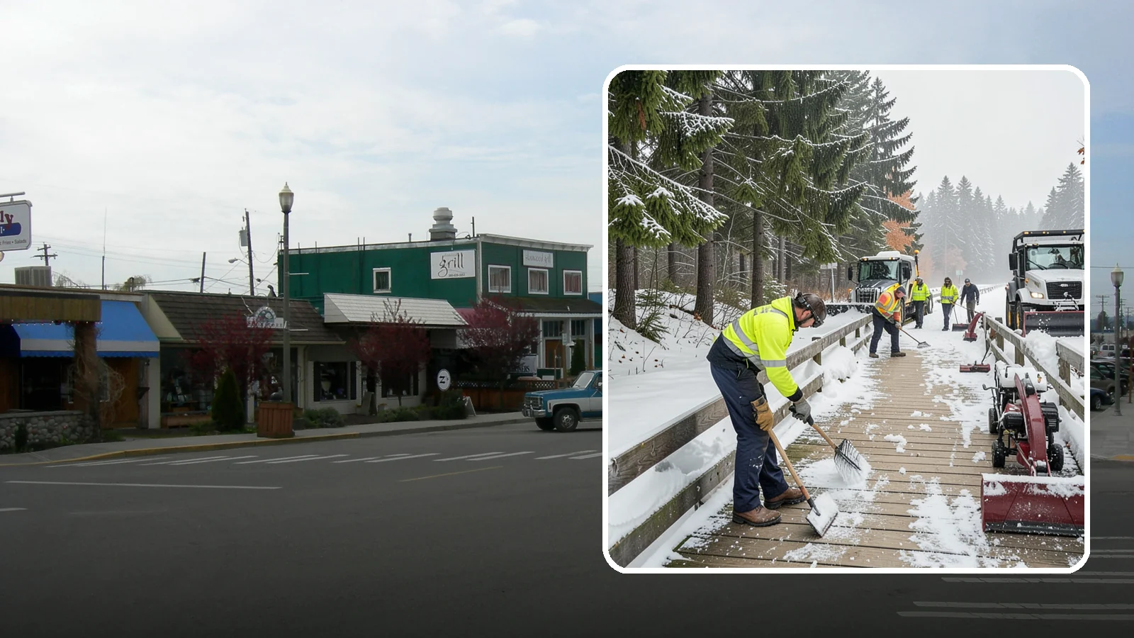 Boardwalk Snow Clearing in Stanwood, Snohomish County, WA - Gentle snow clearing of wood and composite boardwalks where blades and harsh deicers would damage the decking.