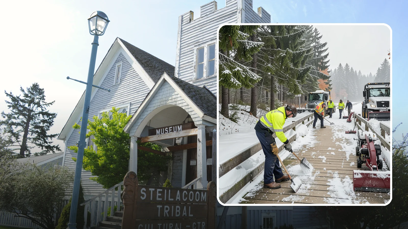 Boardwalk Snow Clearing in Steilacoom, Pierce County, WA - Gentle snow clearing of wood and composite boardwalks where blades and harsh deicers would damage the decking.
