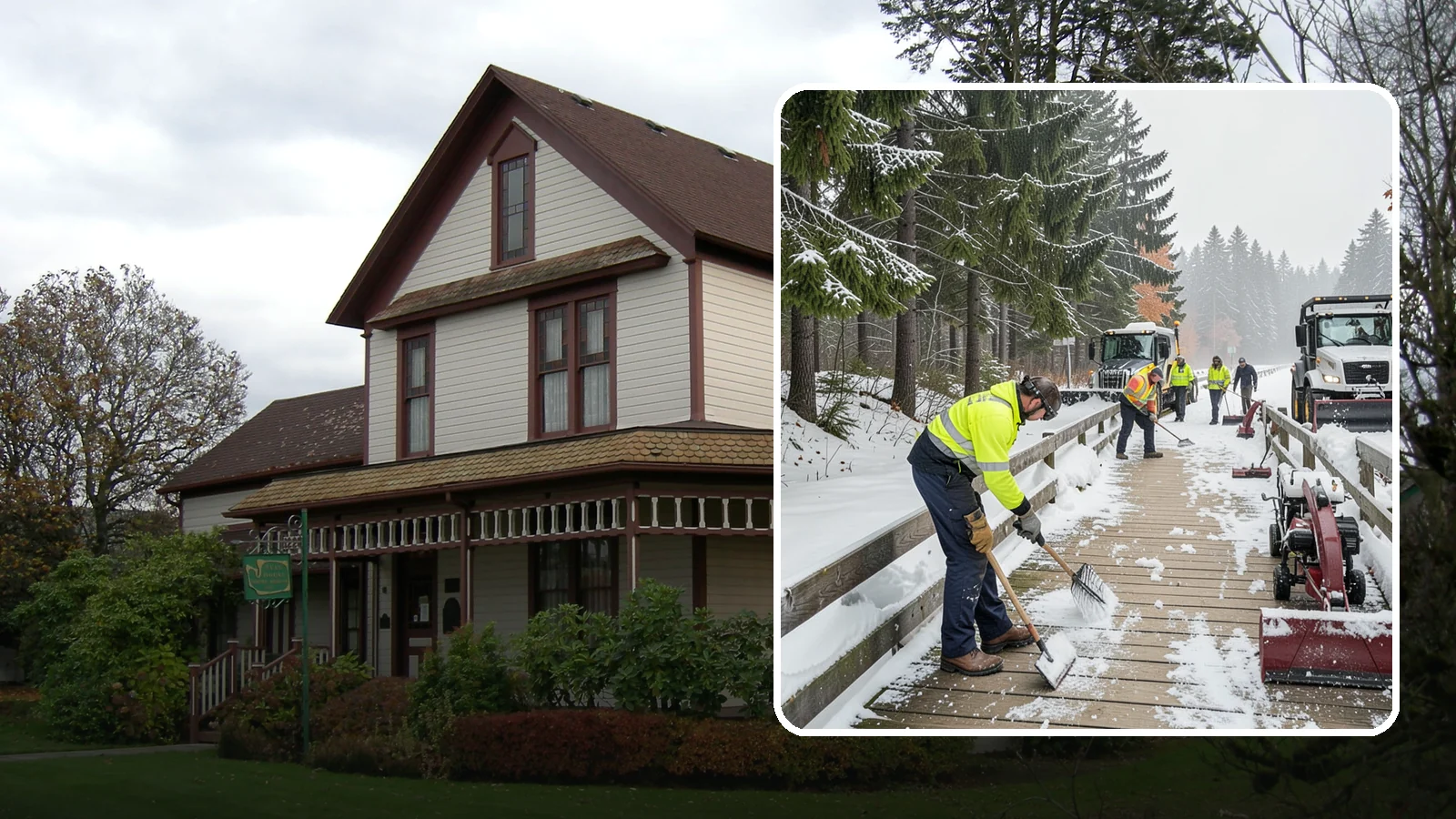 Boardwalk Snow Clearing in Sumner, Pierce County, WA - Gentle snow clearing of wood and composite boardwalks where blades and harsh deicers would damage the decking.