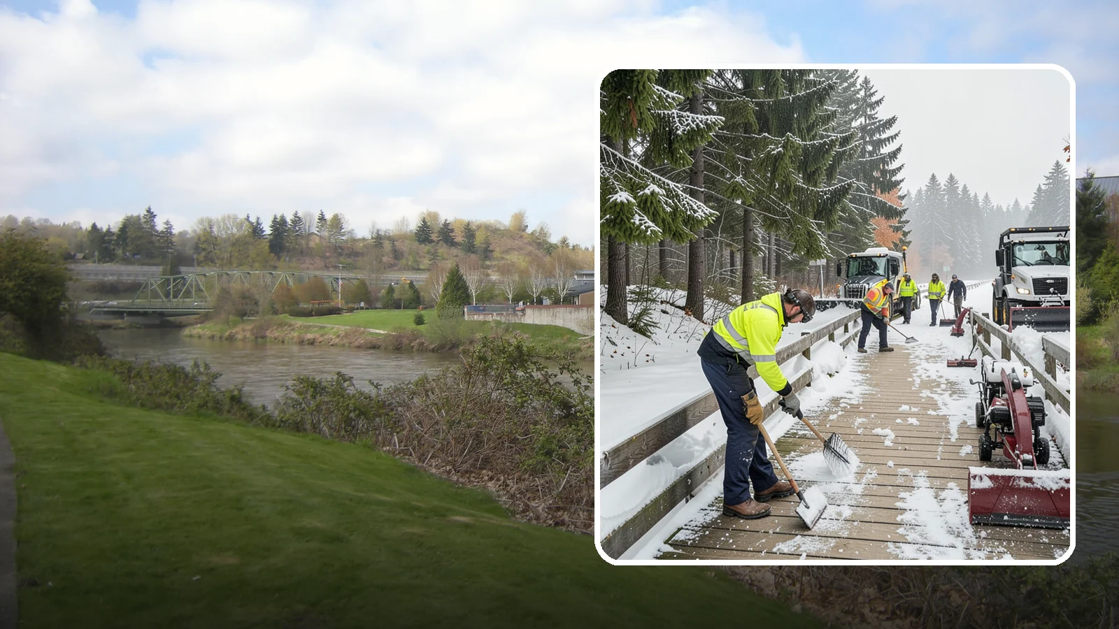 Boardwalk Snow Clearing in Tukwila, King County, WA - Gentle snow clearing of wood and composite boardwalks where blades and harsh deicers would damage the decking.