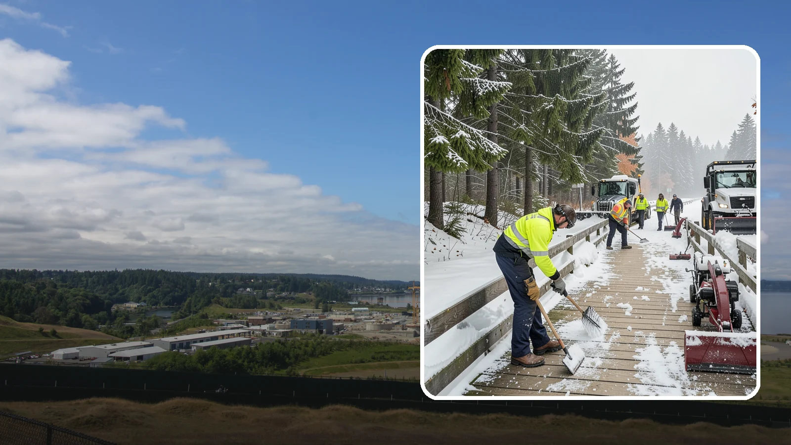 Boardwalk Snow Clearing in University Place, Pierce County, WA - Gentle snow clearing of wood and composite boardwalks where blades and harsh deicers would damage the decking.