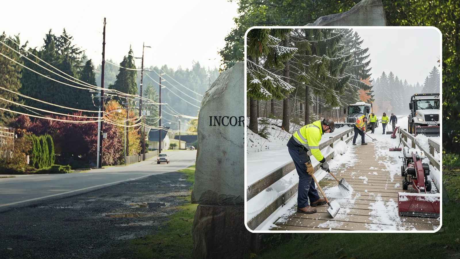 Boardwalk Snow Clearing in Wilkeson, Pierce County, WA - Gentle snow clearing of wood and composite boardwalks where blades and harsh deicers would damage the decking.