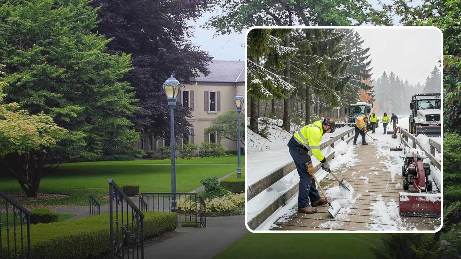 Boardwalk Snow Clearing in Woodinville, King County, WA - Gentle snow clearing of wood and composite boardwalks where blades and harsh deicers would damage the decking.