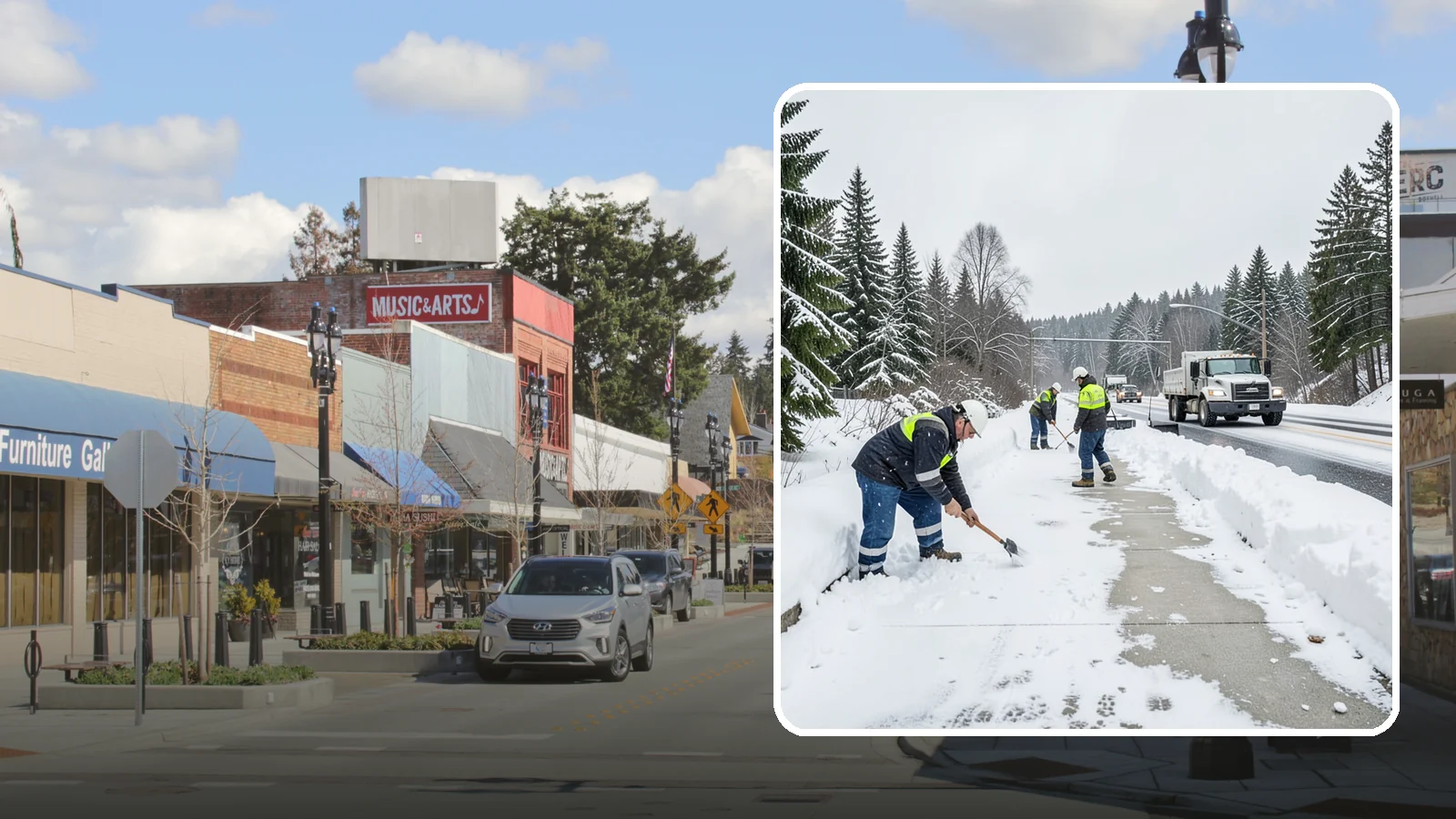 Bridge Deck Snow Removal in Bothell, King County, WA - Clearing and anti-icing of pedestrian and vehicle bridge decks that freeze before any road surface around them.