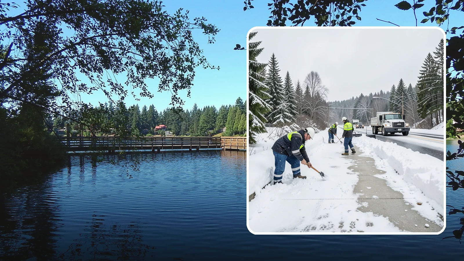 Bridge Deck Snow Removal in Federal Way, King County, WA - Clearing and anti-icing of pedestrian and vehicle bridge decks that freeze before any road surface around them.