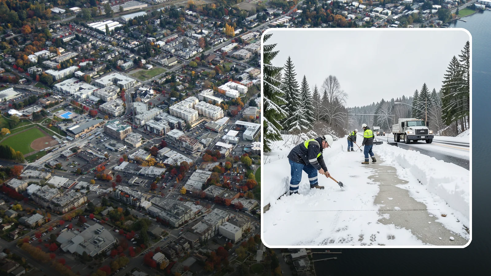 Bridge Deck Snow Removal in Kirkland, King County, WA - Clearing and anti-icing of pedestrian and vehicle bridge decks that freeze before any road surface around them.
