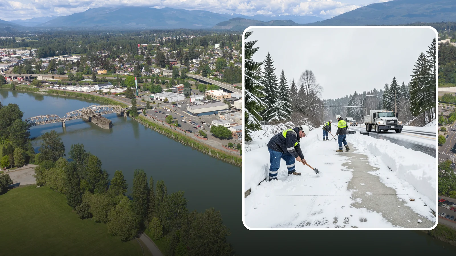 Bridge Deck Snow Removal in Mount Vernon, Skagit County, WA - Clearing and anti-icing of pedestrian and vehicle bridge decks that freeze before any road surface around them.