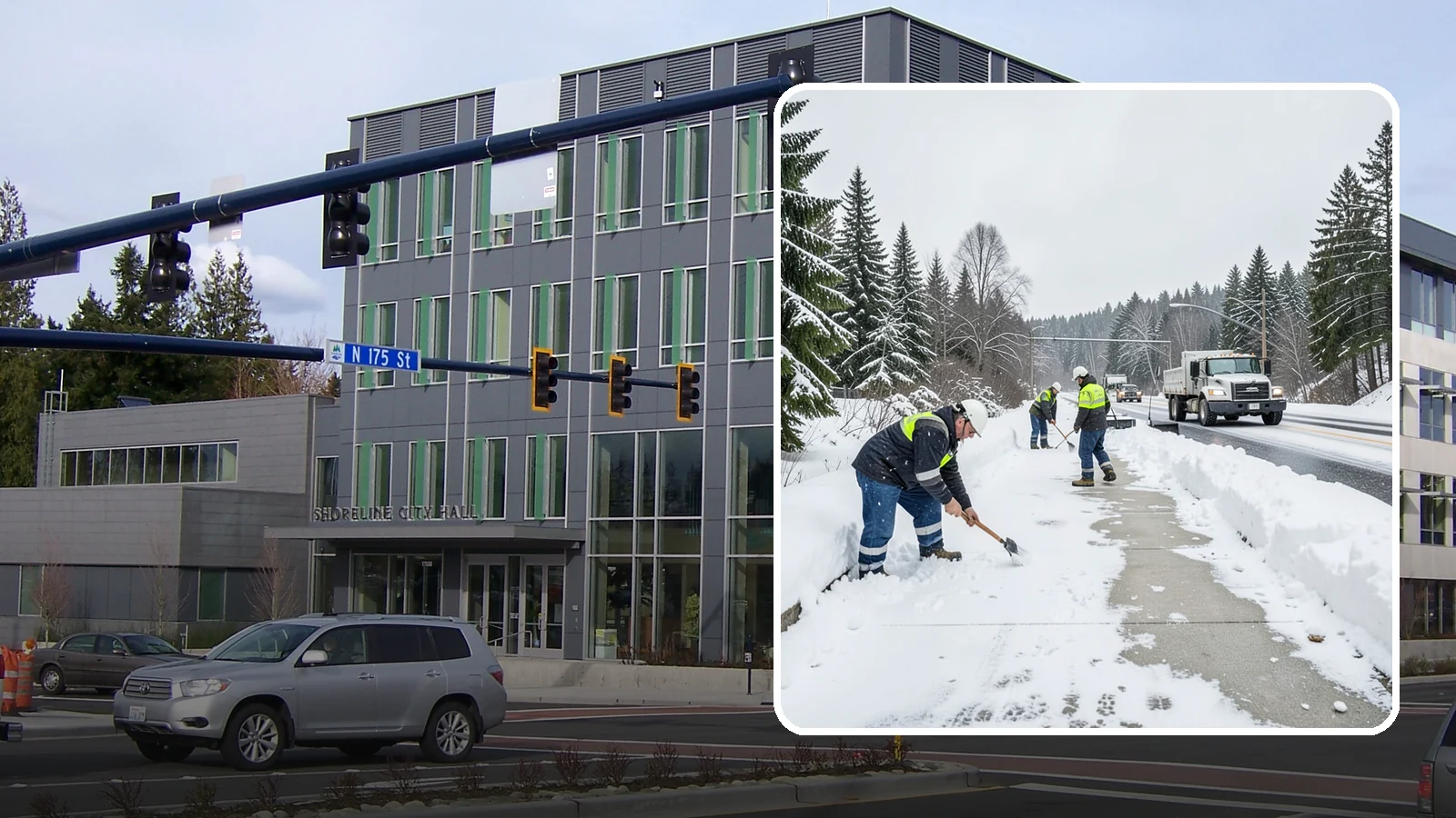 Bridge Deck Snow Removal in Shoreline, King County, WA - Clearing and anti-icing of pedestrian and vehicle bridge decks that freeze before any road surface around them.