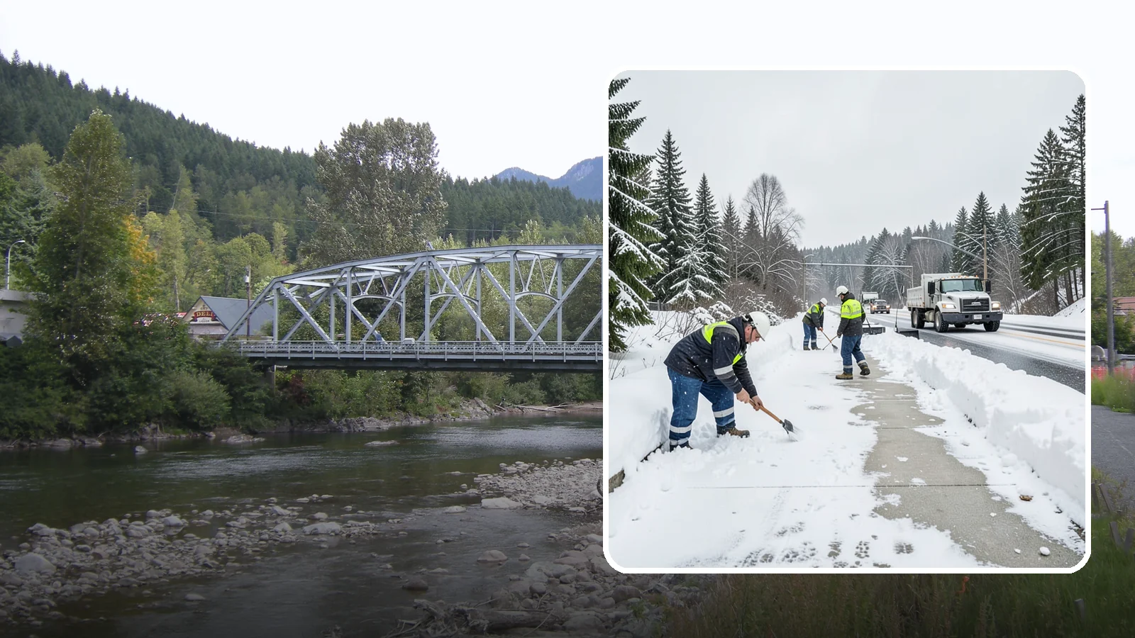 Bridge Deck Snow Removal in Skykomish, King County, WA - Clearing and anti-icing of pedestrian and vehicle bridge decks that freeze before any road surface around them.