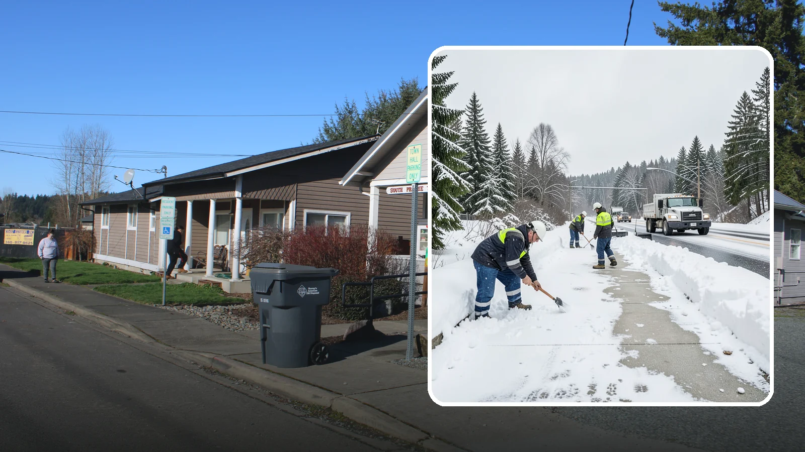 Bridge Deck Snow Removal in South Prairie, Pierce County, WA - Clearing and anti-icing of pedestrian and vehicle bridge decks that freeze before any road surface around them.