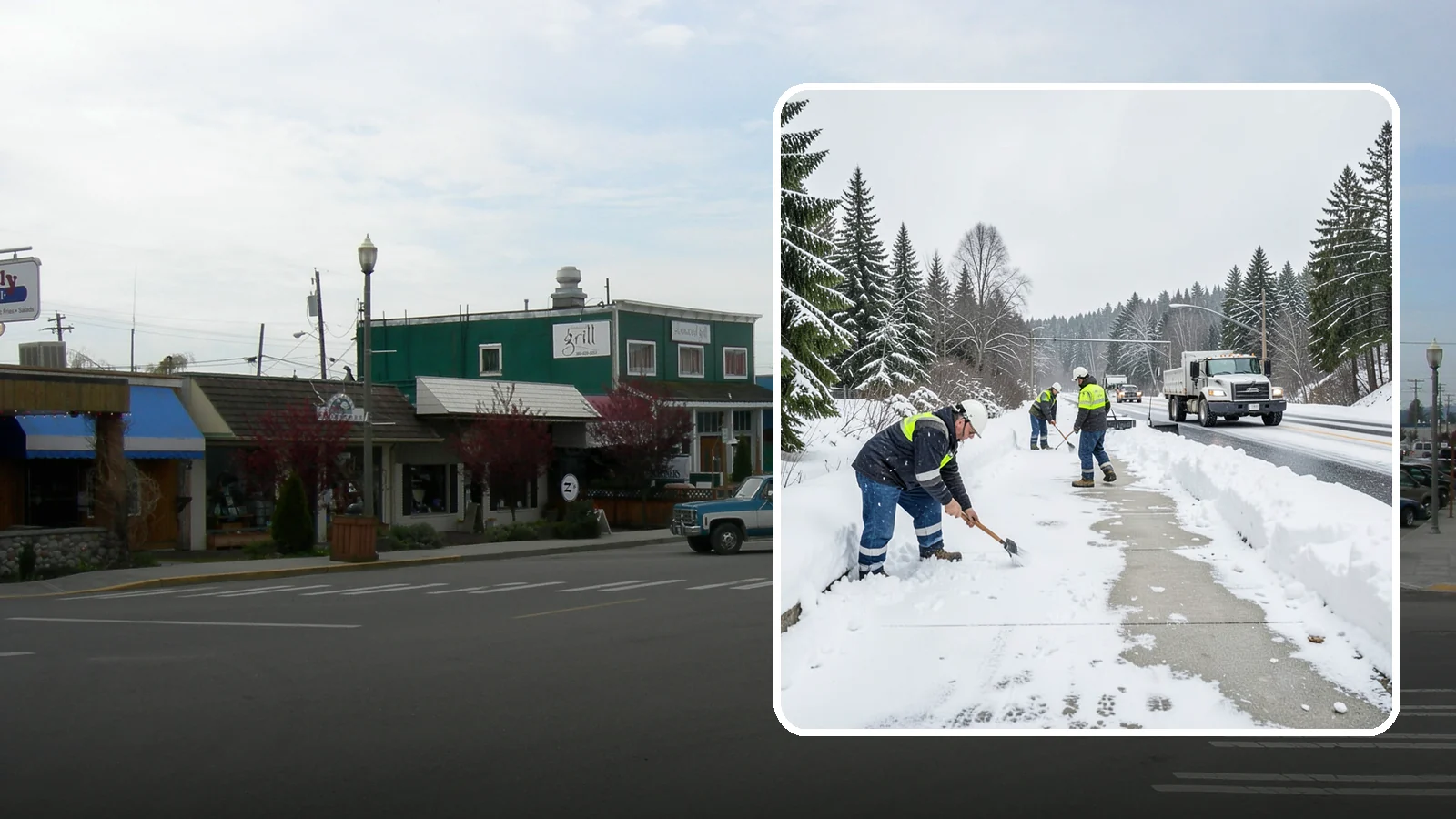 Bridge Deck Snow Removal in Stanwood, Snohomish County, WA - Clearing and anti-icing of pedestrian and vehicle bridge decks that freeze before any road surface around them.