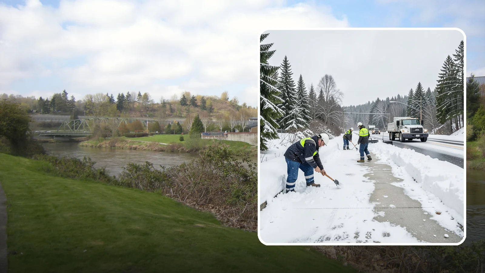 Bridge Deck Snow Removal in Tukwila, King County, WA - Clearing and anti-icing of pedestrian and vehicle bridge decks that freeze before any road surface around them.