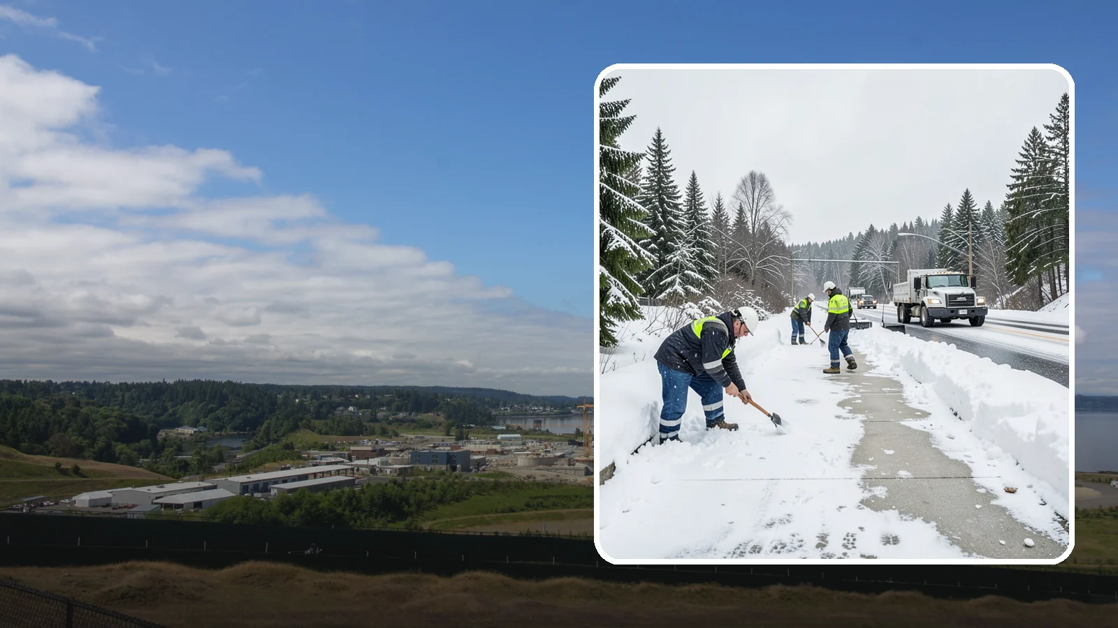 Bridge Deck Snow Removal in University Place, Pierce County, WA - Clearing and anti-icing of pedestrian and vehicle bridge decks that freeze before any road surface around them.